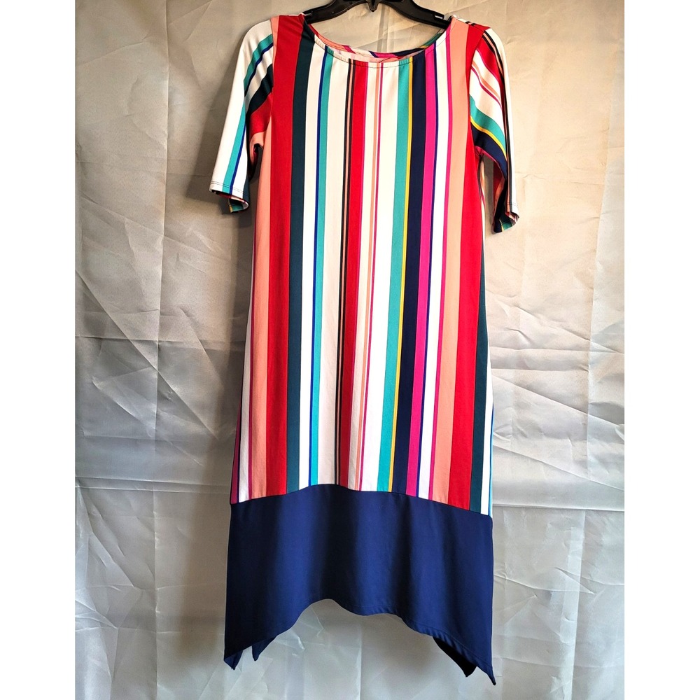 Cuddl Duds Flexwear Multicolor Striped Knit Shift Knee Dress PXS Keyhole